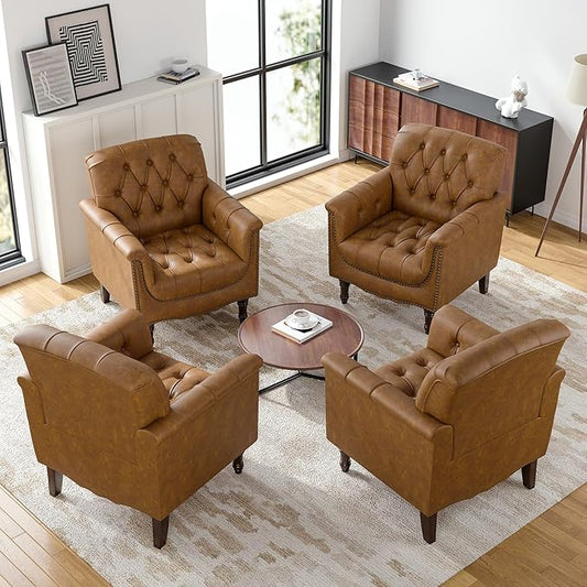 Faux Leather Accent Chairs Set of 4, Upholstered Armchairs with Nailhead Trims & Wood Legs for Living Room, Bedroom, Contemporary Comfy Club Chairs for Office-Camel