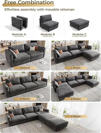 KKL Modular Sectional Sofa Couches for Living Room, Loveseat Sofa Couch with Adjustable Backrest, 2 Seater Sofa Couch with Comfy Cushion, Chenille, Grey