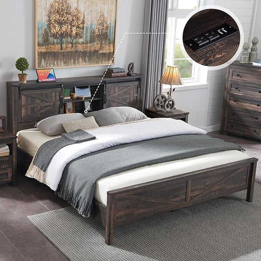 T4TREAM Farmhouse Queen Size Bed Frame w/Storage Bookcase Headboard, Sliding Barn Door, Charging Station, Rustic Wood Platform Bed w/Wood Slats Support, No Box Spring Needed, Dark Rustic Oak