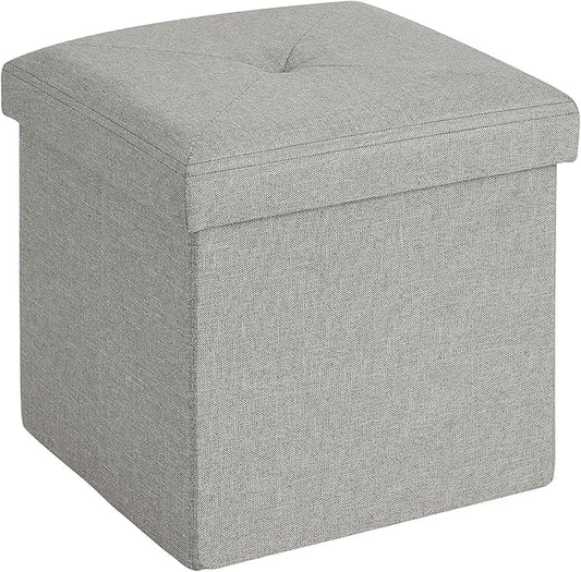 VECELO Storage Ottoman, 11.8'' Folding Footstools, Multipurpose Foot Rest Stool, Foldable Linen Fabric Ottomans, Small Square Ottoman Cube for Living Room/Bed Room/Dorm, Grey
