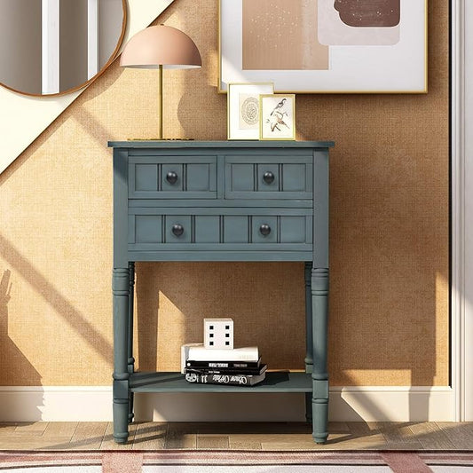 Knocbel Slim Antique Entry Console Table with Drawers & Bottom Open Shelf, Solid Wood Sofa Couch Table for Entryway Hallway Living Room (Navy)