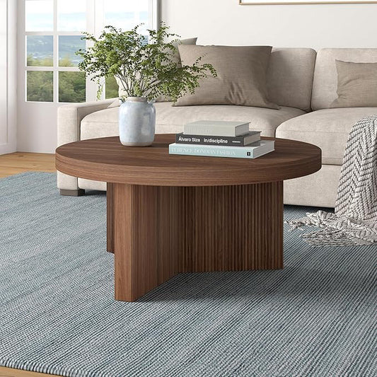 Henn&Hart 32" Fluted Round Low-Profile Coffee Table with Ribbed Pedestal Base Living Room, Family Room, Office, or Apartment, Satin Walnut