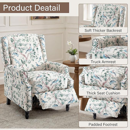 UIXE Pushback Floral Recliner Chairs Set of 2, Fabric Upholstered Armchair Push Back Accent Chair for Living Room, Rivet Trim Club Chair Home Theater Single Sofa Bedroom Side Reading Seat - Bird