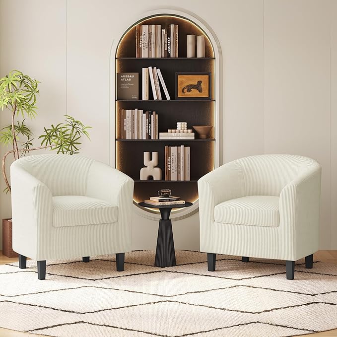 Yaheetech Corduroy Barrel Chairs Set of 2, Upholstered Club Chairs, Round Armchairs Waiting Room Chairs with Soft Cushion for Living Room Bedroom Reading Room, Beige