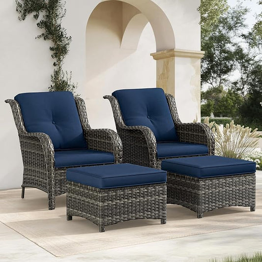 4 Pieces Patio Conversation Set, Wicker Chairs Set of 2 and Two Ottomans with 3.5-inch Seat Cushions, High Back and Curved Armrest for Backyard, Balcony and Deck, Blue