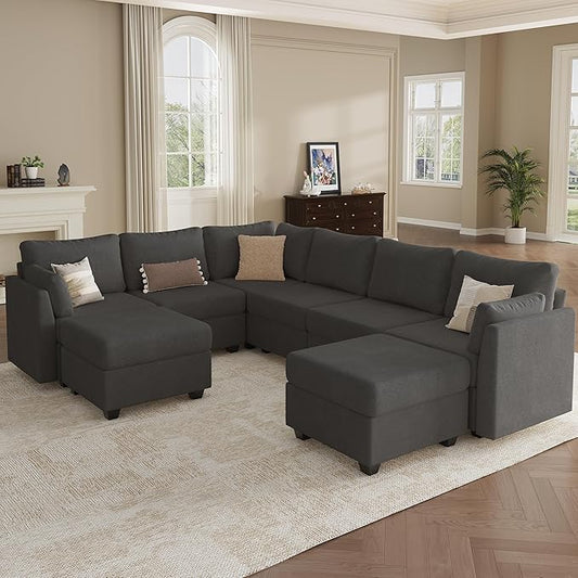 Modular Sectional Sofa Couches, Large Convertible Modular Couches With Storage, 8-Seater Sectional Sofa For Living Room, U Shaped Sectional Couch Sleeper Sofa With Chaise (DarkGrey, 8 Seats)