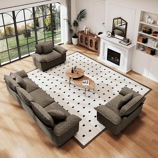 PHI VILLA Cloud Modular Couches Sets, 3 Pieces Large Sectional Sofa Set with Single Sofa, 5-Seater Upholstered Couch for Living Room, Chenille Fabric, Smoky Grey