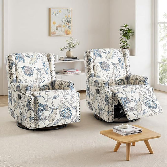 UIXE Swivel Rocker Manual Recliner Chairs Set of 2, Wingback Swivel Glider Fabric Nursery Reclining Sofa Chair, High Back Upholstered Arm Chair for Living Room Bedroom - Blue Plants