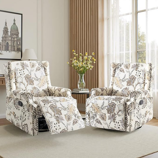Swivel Glider Recliner Chairs Set of 2, High Back Rocker Reclining Accent Chair with Smooth Manual Mechanism for Nursery, Comfortable & Quiet Upholstered Armchair Seating-Cream Plant