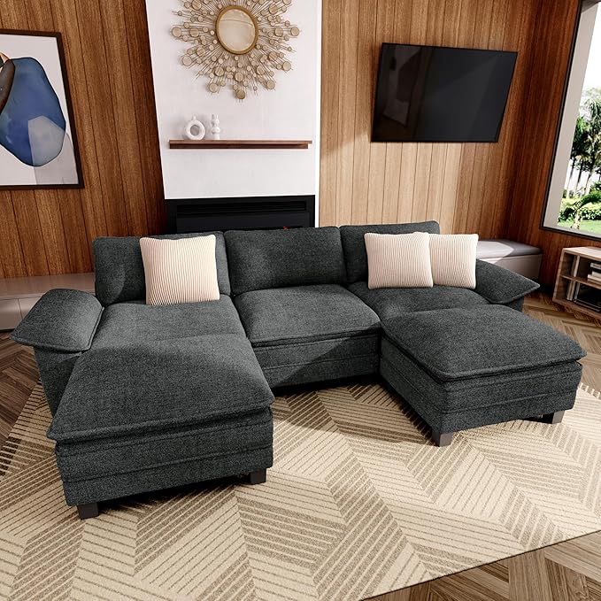 123-Inch U Shaped Sectional Sofa with Cloud Cushions, Deep Seat Modular Couch Set w/ 5 Seats & 2 Ottomans, Removable Arms, Plush Chenille Upholstery for Living Room, Apartment - Cyan