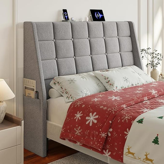Full Size Headboard with Charging Station, Ergonomic Upholstered Linen Headboards Only, Wingback Wood Bed Head Board with Storage Pocket, Bed Frame Adapters, Light Grey