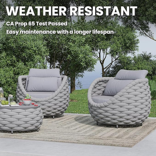 Front Porch Furniture Set: 3 Pieces Aluminum Patio Conversation Sofa Set for 2 - All Weather Woven Rope Outdoor Armchair Set w/Cushions No Assembly for Bistro Pool Yard Balcony Deck Hotel, Gray