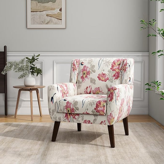 Accent Chair, Modern Linen Blend Arm Chair for Living Room, Bedroom, Comfy High-Resilient Sponge Reading Chair for Small Spaces (Pattern Pink Floral, Set of 1)