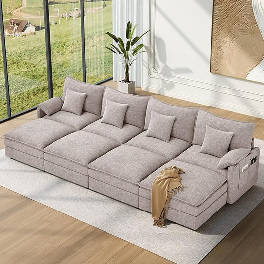 Vesgantti 142" Oversized Sectional Sofa Bed, 8-Seater Modular Sleeper Cloud Couch with Movable Ottoman, Chenille Convertible Sofa Set Deep Seat Couches for Living Room, Bedroom and Apartment, Brown