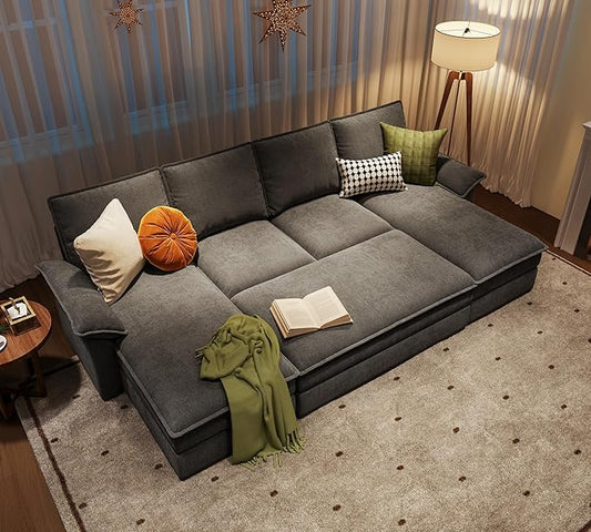 LINSY HOME Sleeper Sofa Bed, 115" Modular Sectional Sofa Bed with Double Layer Cushious, Comfy Cloud Sofa Couches for Living Room, Apartment, Home Theater, Grey