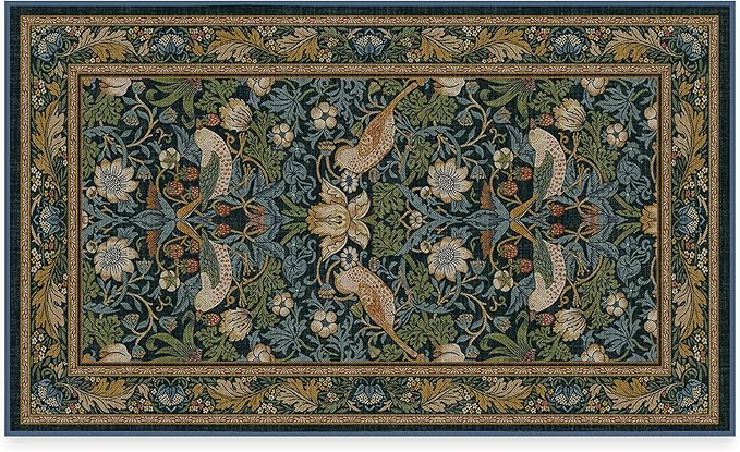 RUGGABLE x Morris & Co Washable Area Rug – Strawberry Thief Indigo 3x5, Stain-Resistant, Non-Slip – Small Machine Washable Rugs for Living Room, Bedroom, Hallway, Entryway & Office–with Cushioned Pad