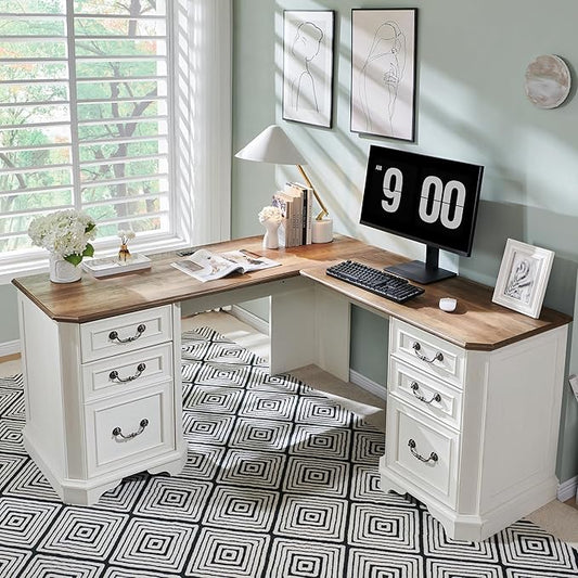 T4TREAM L Shaped Desk with Drawers,59" Farmhouse Wood Home Office Executive Desk,Charging Station,File Drawer, Storage Cabinet,Computer Desk for Work and Study (Antique White)