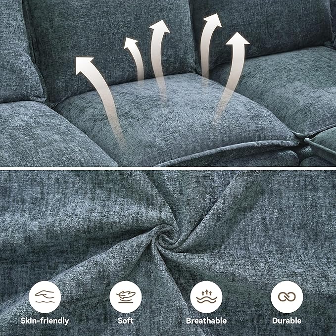 80" Cloud Modular 3 Seater Sofa with Storage, Modern Upholstered Storage Sofa Couch Deep Seat, Sectional Sofa Chenille Comfy Couch with Armrests for Living Room, Small Space, Blue