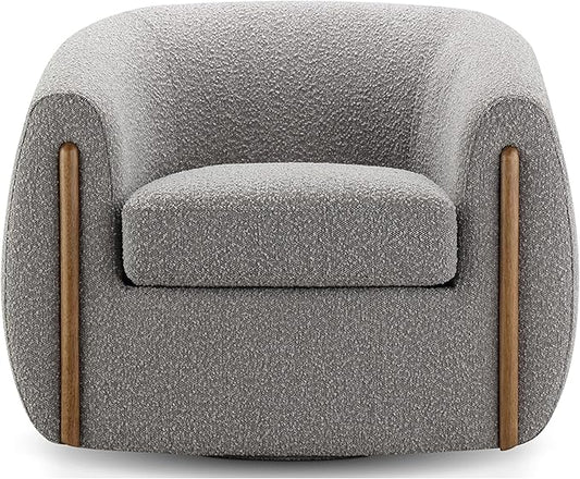 CHERS Aspen Swivel Accent Chair with Wood Accents, Bouclé Upholstered Armchair for Living Room, 360° Swivel Barrel Chair with High-Density Cozy Foam Cushioning, Modern Design, Gray