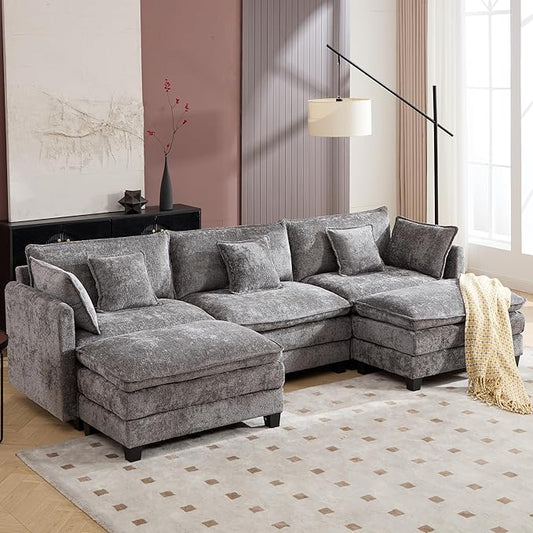 Plush Modular Cloud Sofa Set with Ottoman | L/U-Shaped Deep Seating Chenille Sectional for Family Living Room