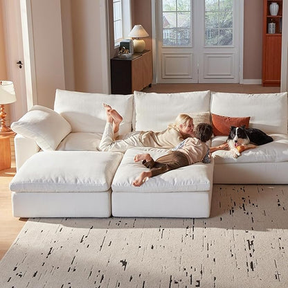 Modular Cloud Sofa, 141.7" Cloud Sectional Couches with Deep Seat, 4-Seat Couch with Ottoman for Living Room, Modern Comfy Couch with Washable Cover, Wide Armrest (White,4 Ottomans)