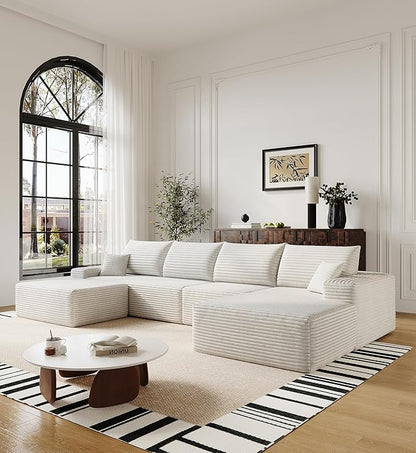 136" Sectional Couches for Living Room Modern Modular Sofa with L-Shape Couchs Upholstered Boneless Couch Deep Seat Sectional Couch with Chaise (White, Right Facing Chaise+3Seaters+Ottoman)
