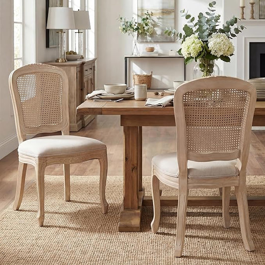 Wicker Dining Chairs Set of 2, Upholstered Linen Fabric Dining Room Chairs with Square High Rattan Back Farmhouse French Kitchen Chairs for Dining Table/Living Room/Restaurant, Cream