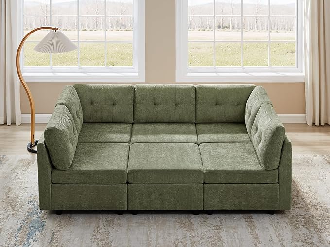 VANOMi 5 Seater Cloud Couches for Living Room with Ottoman, Convertible Modular Sectional Sofa Bed, Chenille Cloud Sofas & Couches for Apartment, Office, Green, Sofa Bed