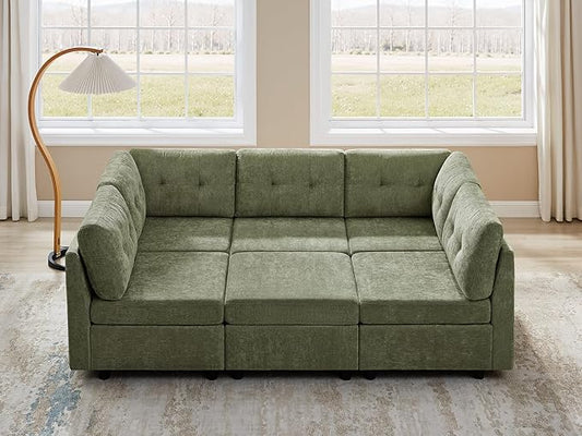 VANOMi 5 Seater Cloud Couches for Living Room with Ottoman, Convertible Modular Sectional Sofa Bed, Chenille Cloud Sofas & Couches for Apartment, Office, Green, Sofa Bed