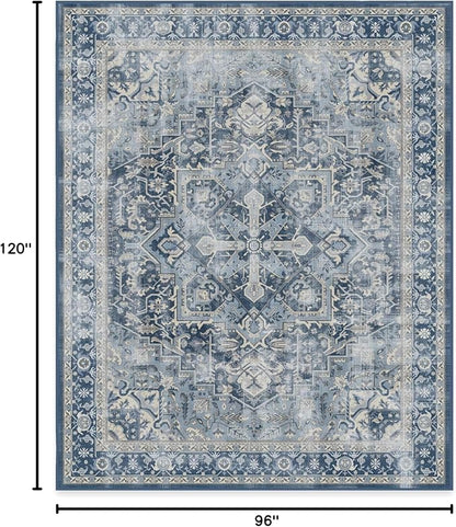 RUGGABLE Washable Vintage Area Rug – Kamran Admiral Blue 8x10, Stain-Resistant, Non-Slip – Large Machine Washable Rugs for Living Room, Bedroom, Hallway, Entryway & Office–with Standard Pad
