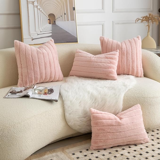 Pack of 2 Faux Fur Throw Pillow Covers 20x20 Inch Striped Decorative Soft Plush Couch Pillow Case Home Decor for Bed, Sofa, Living Room Pink