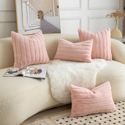 Pack of 2 Faux Fur Throw Pillow Covers 18x18 Inch Striped Decorative Soft Plush Couch Pillow Case Home Decor for Bed, Sofa, Living Room Pink