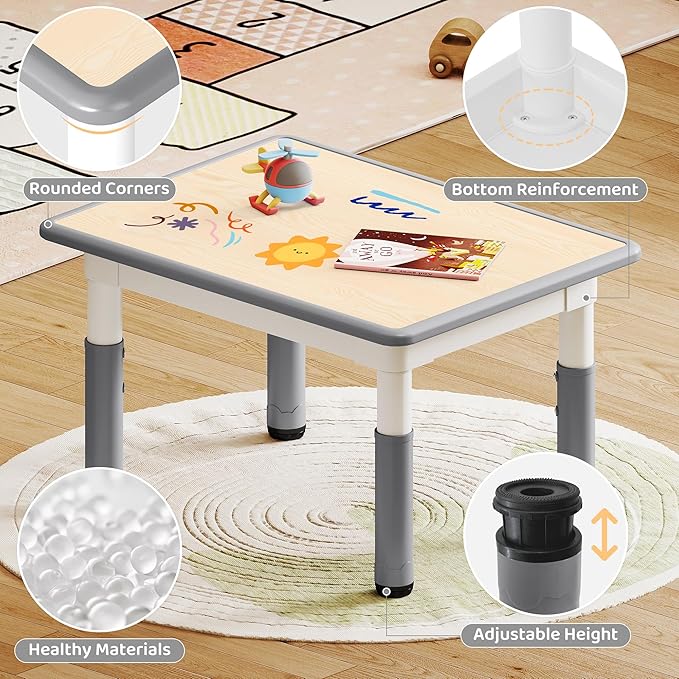 Kids Study Table and Chairs Set, Height Adjustable Toddler Table and Chair Set for Kids Ages 3-8, 31.5" L x 23.6" W Graffiti Desktop Plastic Children Art Table with 4 Seats, Grey