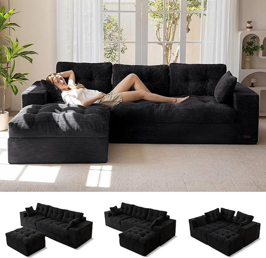 MAXYOYO 104" L Shaped Modular Sectional Sofa with Ottoman, Cloud Boneless Couch with Layered Cushion, Upholstered Sofa in a Box, Flexible Module Combination for Living Room, No Assembly, Black