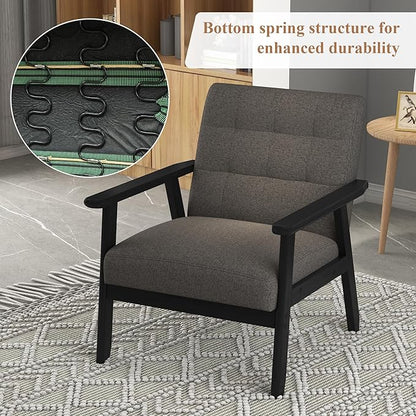 Westice Accent Chair 1PC, Mid-Century Modern Living Room Chairs with Solid Wood Frame & Soft Thicken Cushion, Upholstered Arm Reading Chair for Bedroom, Balcony, Grey Linen Fabric & Black Legs