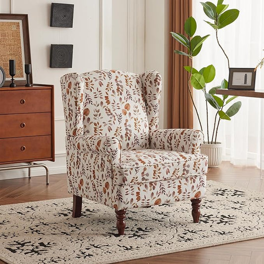 MELLCOM Floral Accent Chair, High Back Upholstered Armchair with Solid Legs, Leisure Single Sofa Chair for Living Room, Bedroom, Home Office, Orange Leaves