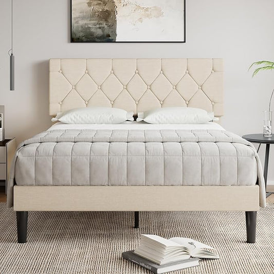 VECELO Full Size Bed Frame with Button Tufted Headboard, Upholstered Platform with Wooden Slat Support, No Box Spring Needed, Cream Beige
