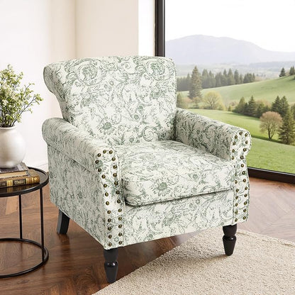 Accent Chair, Upholstered High Back Floral Armchair with Nailhead Trim & Wood Legs, Comfy Wingback Reading Single Sofa Chair for Small Spaces, Living Room, Bedroom (Rococo Green, Set of 1)