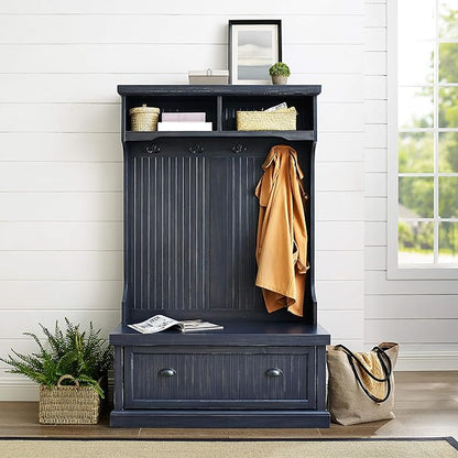 Crosley Furniture Seaside Hall Tree with Shoe Rack Bench and Coat Hooks for Hanging Storage, Distressed Navy