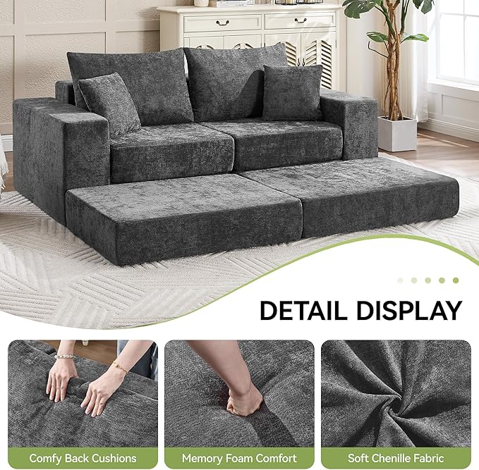 79" Boneless Cloud Loveseat Sofa Couch, Modular Foldable Floor Sofa with Ottoman, Chenille Lounge Convertible Sofa Bed for Living Room, No Assembly, Dark Grey
