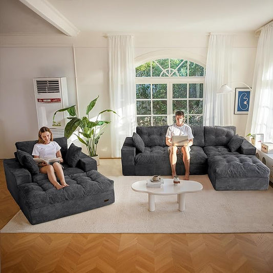 MAXYOYO Sectional Sofa Couch and Chaise Lounge, L Shaped Modern Cloud Couch with Ottoman, Comfy Sofa with Layered Cushion, Tufted Upholstered Sleeper Chair for Living Room, No Assembly Required