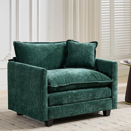 Aoowow Chenille Upholstered Accent Chair Oversized,Fluffy Single Cloud Sofa Chairs with Deep Seat,Modern Large Reading Arm Chair with Throw Pillow for Living Room,Bedroom (Green, Single Sofa Chair)