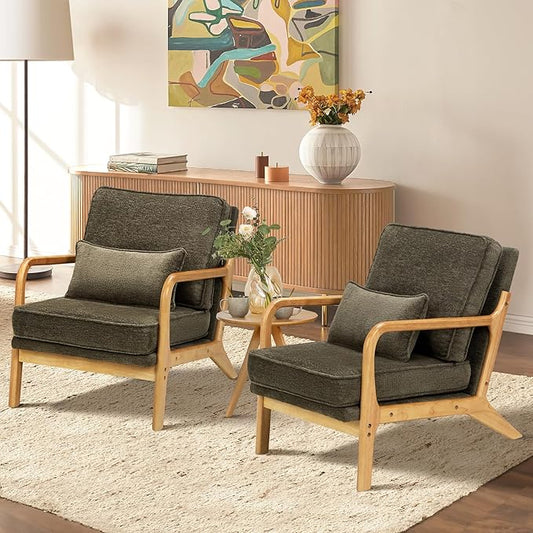 Modern Accent Chair Set of 2 with Lumbar Pillow, Relaxing Mid Century Chair Armchair with Solid Wood Frame & Soft Cushion, Reading Leisure Armchair for Living Room, Green