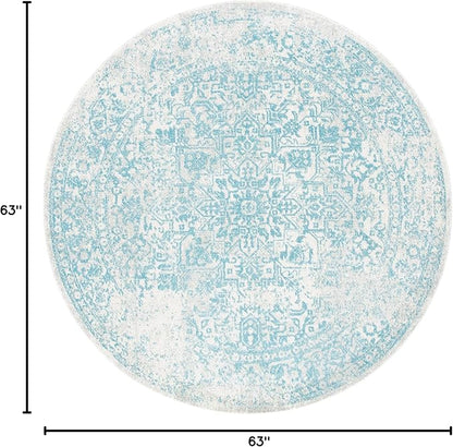 SAFAVIEH Evoke Collection Area Rug - 5'3" Round, Ivory & Aqua, Distressed Design, Non-Shedding & Easy to Clean, Ideal for Living Room, Bedroom, Dining Space (EVK256J)