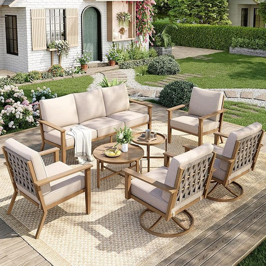 7-Piece Patio Outdoor Conversation Furniture Set with Dual Swivel/Stationary Chairs, Steel Modern Outdoor Patio Conversation Sets with Thick Cushions for Porch, Balcony, Backyard-Beige