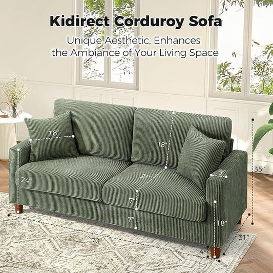 70in Corduroy Couch, Kidirect Sofa No Tool Assembly, Comfy Couches for Living Room 21in Deeper Seats, Corduroy Sofas for Living Room with 2 Pillows, Oversized Loveseat Sofa, Boho Love Seat Green Couch