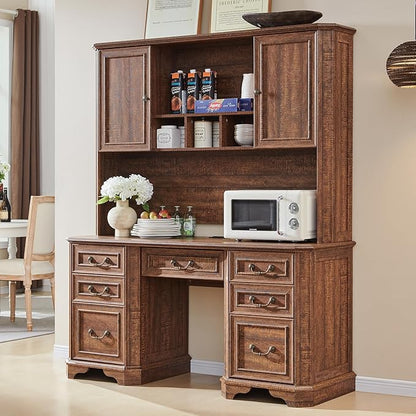 T4TREAM 59" Farmhouse Executive Desk with Hutch,Wood Home Office Computer Desk, Featuring Keyboard Tray,Charging Station,File Drawer, Storage Cabinet,for Work and Study (Reclaimed Barnwood)