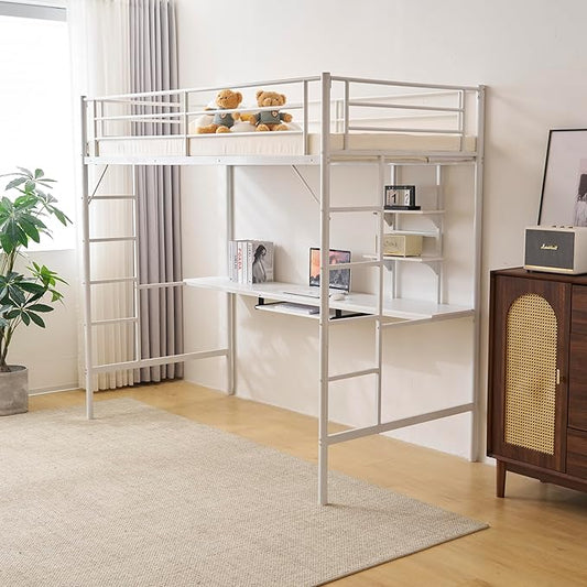 Karl home Twin Loft Bed with Desk and Storage Shelvs,Twin Bunk Bed with Desk for Kids Teens Adults, Saving Space,No Box Spring Needed, Non-Noice, White