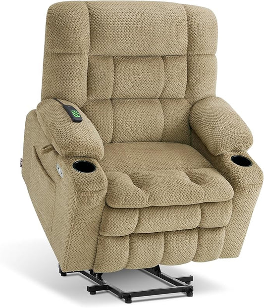 MCombo Dual Motor Power Lift Recliner Chair for Elderly, Lay Flat Lift Chair with Heat and Massage, Petite Wide Lift Chair, Cup Holders, USB A&C Ports, Fabric R7894 (Small-Wide, Beige)