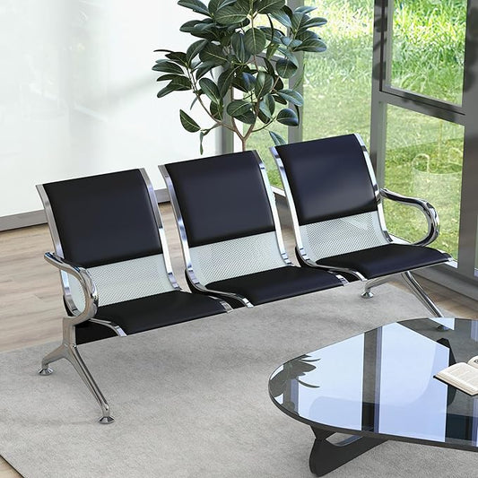 Kinsuite 3-Seat Waiting Room Bench - PU Leather Waiting Room Chairs with Arms & Non-Slip Foot Mats, Reception Chairs Guest Chair for Office Airport Bank Salon, Black